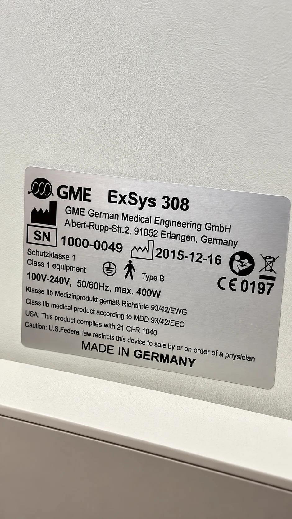 Заводская табличка GME ExSys 308 с производителем и датой 16.12.2015